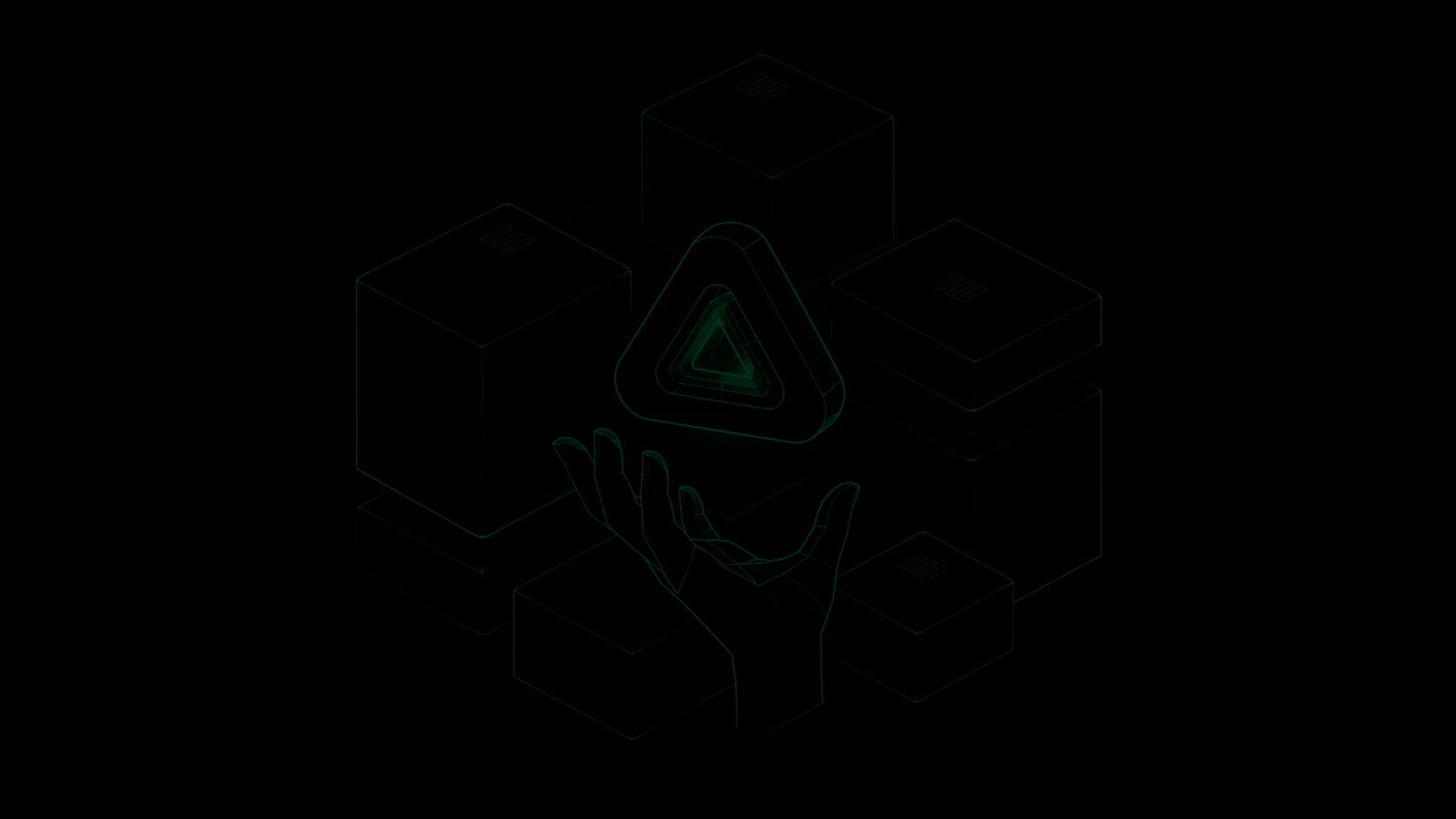 Wireframe drawing: the brand mark glowing green above an open hand, among isometric blocks